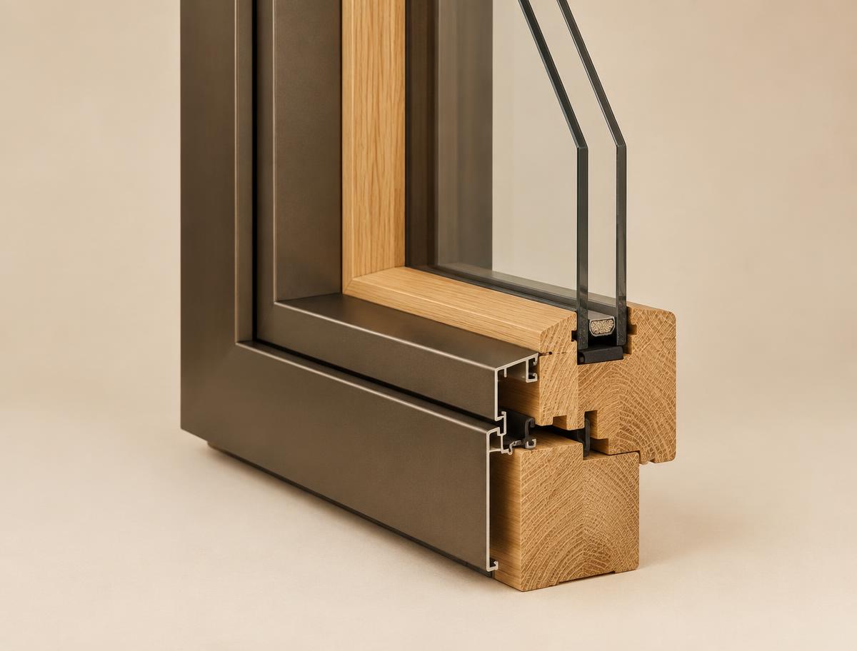 Sezione di serramento in legno con carter esterno in alluminio bronzo