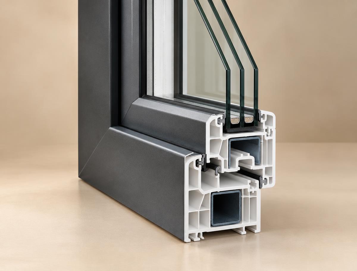 Sezione di serramento in PVC con carter esterno in alluminio antracite