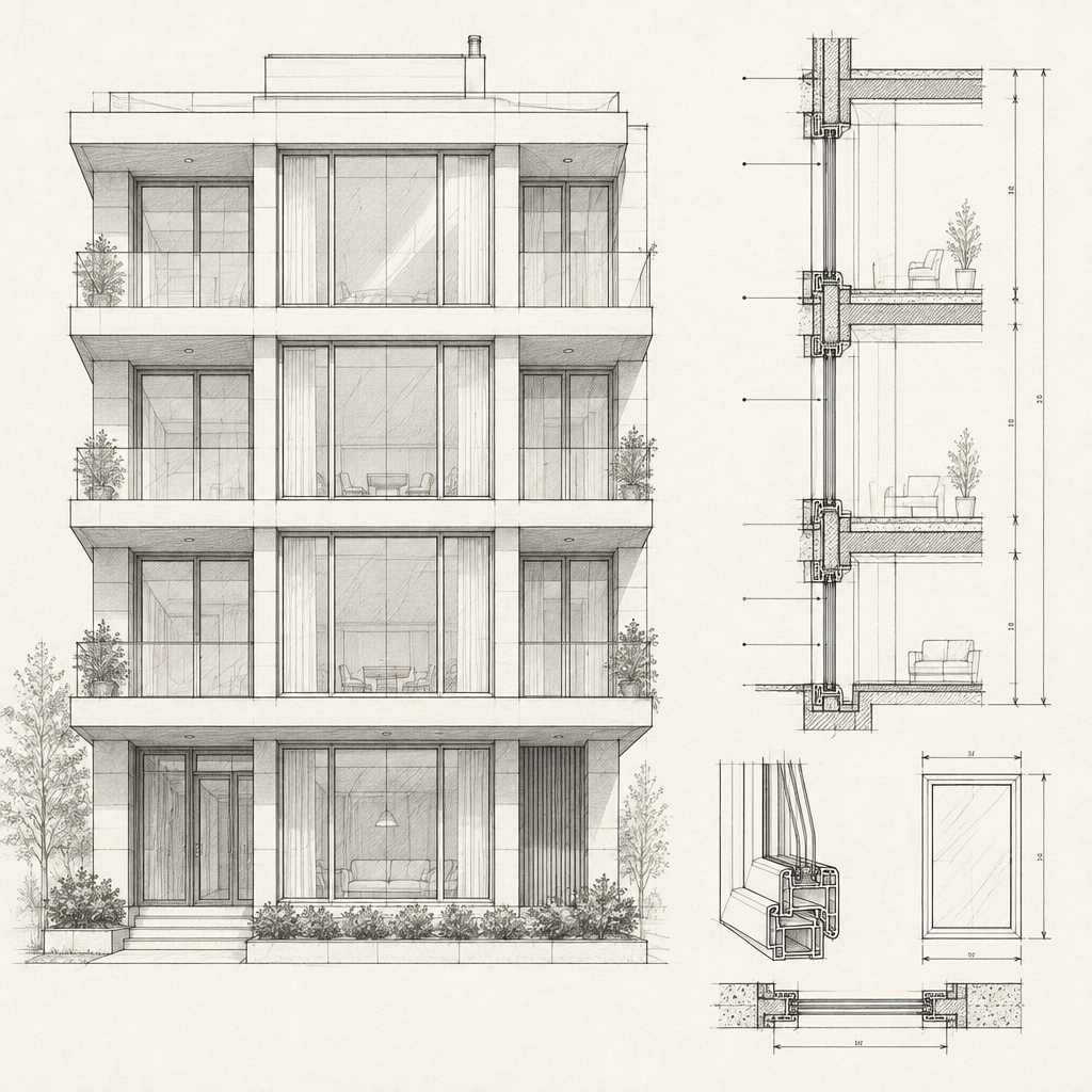 Schizzo tecnico di un palazzo con infissi e serramenti — GBR Group Torino
