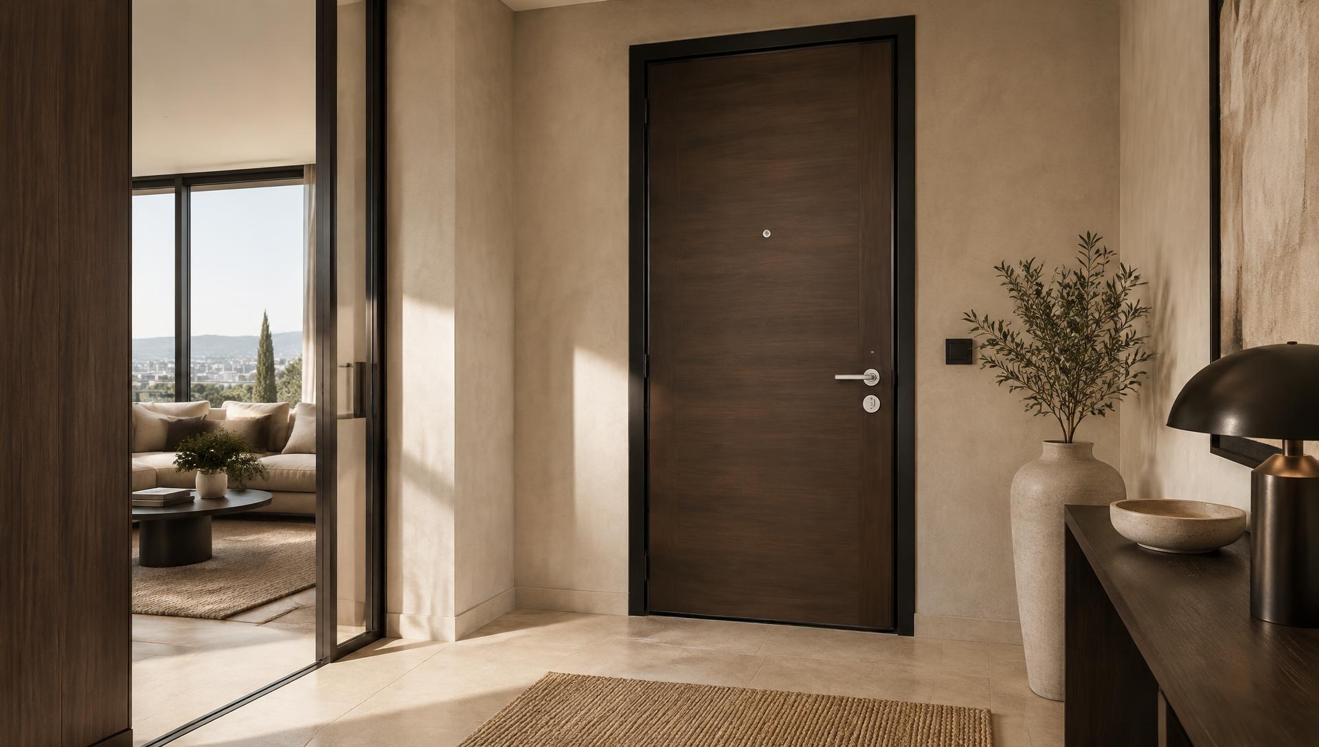 Porta blindata in legno scuro nell'ingresso di un appartamento — GBR Group Torino