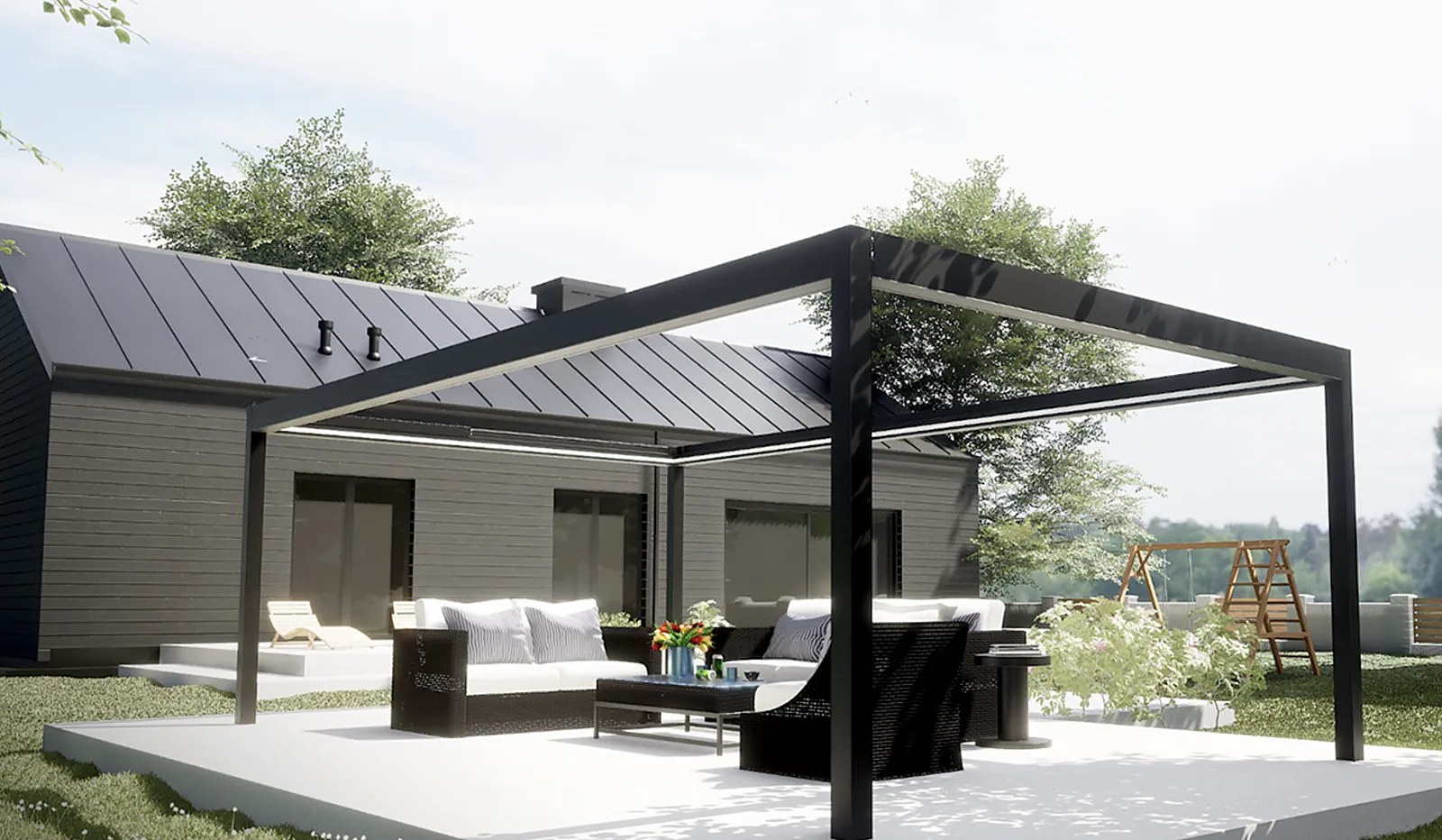 Pergola bioclimatica autoportante in alluminio in un giardino — GBR Group Torino