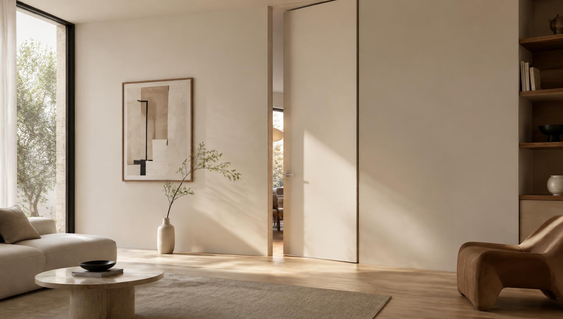 Porta filomuro a tutta altezza in un soggiorno minimale — GBR Group Torino