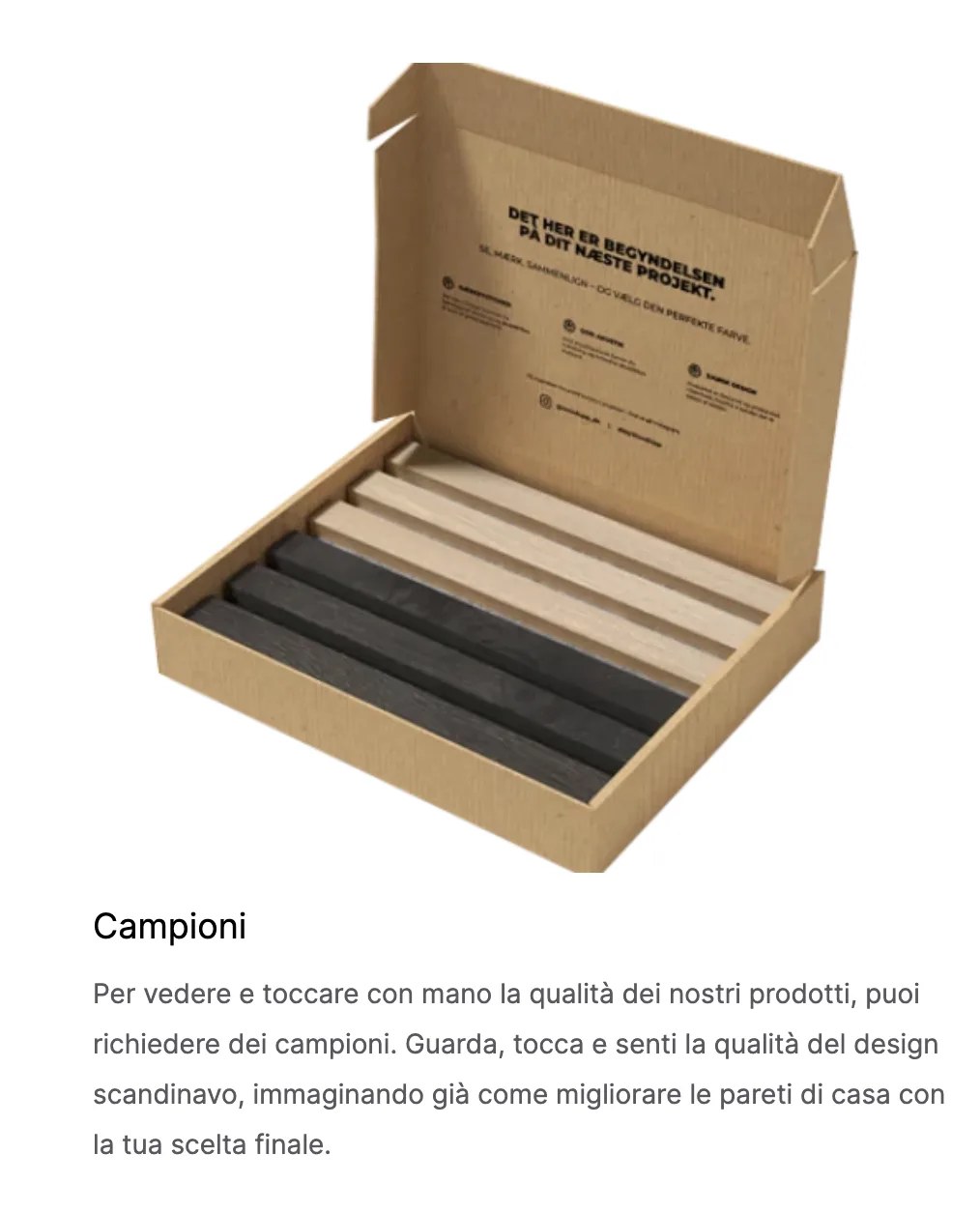 Scatola con i campioni delle finiture in doga per pareti MOOVE