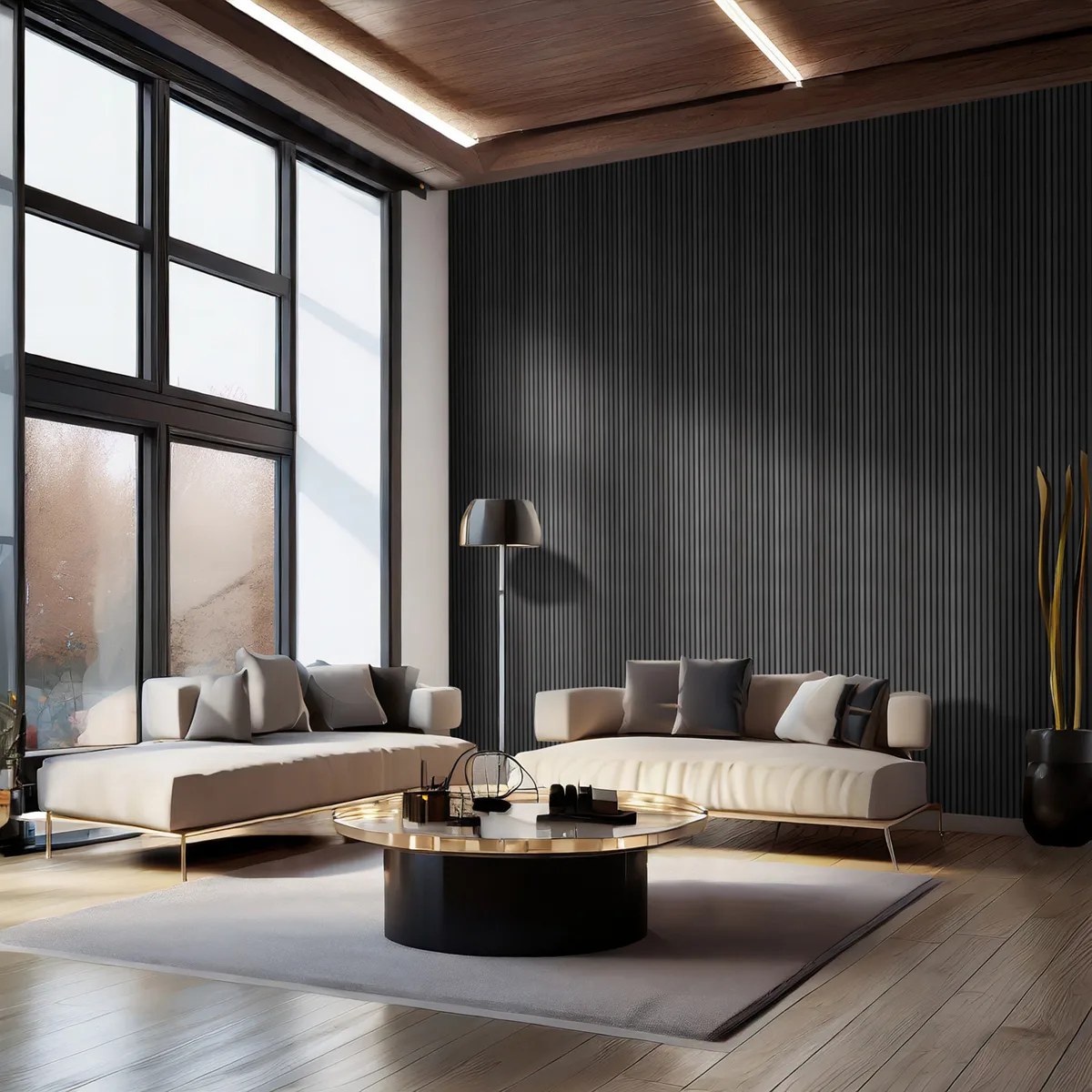 Soggiorno con parete in doghe di legno scuro e grandi vetrate — GBR Group Torino