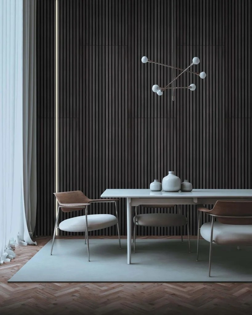 Sala da pranzo rivestito con pannelli in doghe MOOVE — GBR Group Torino
