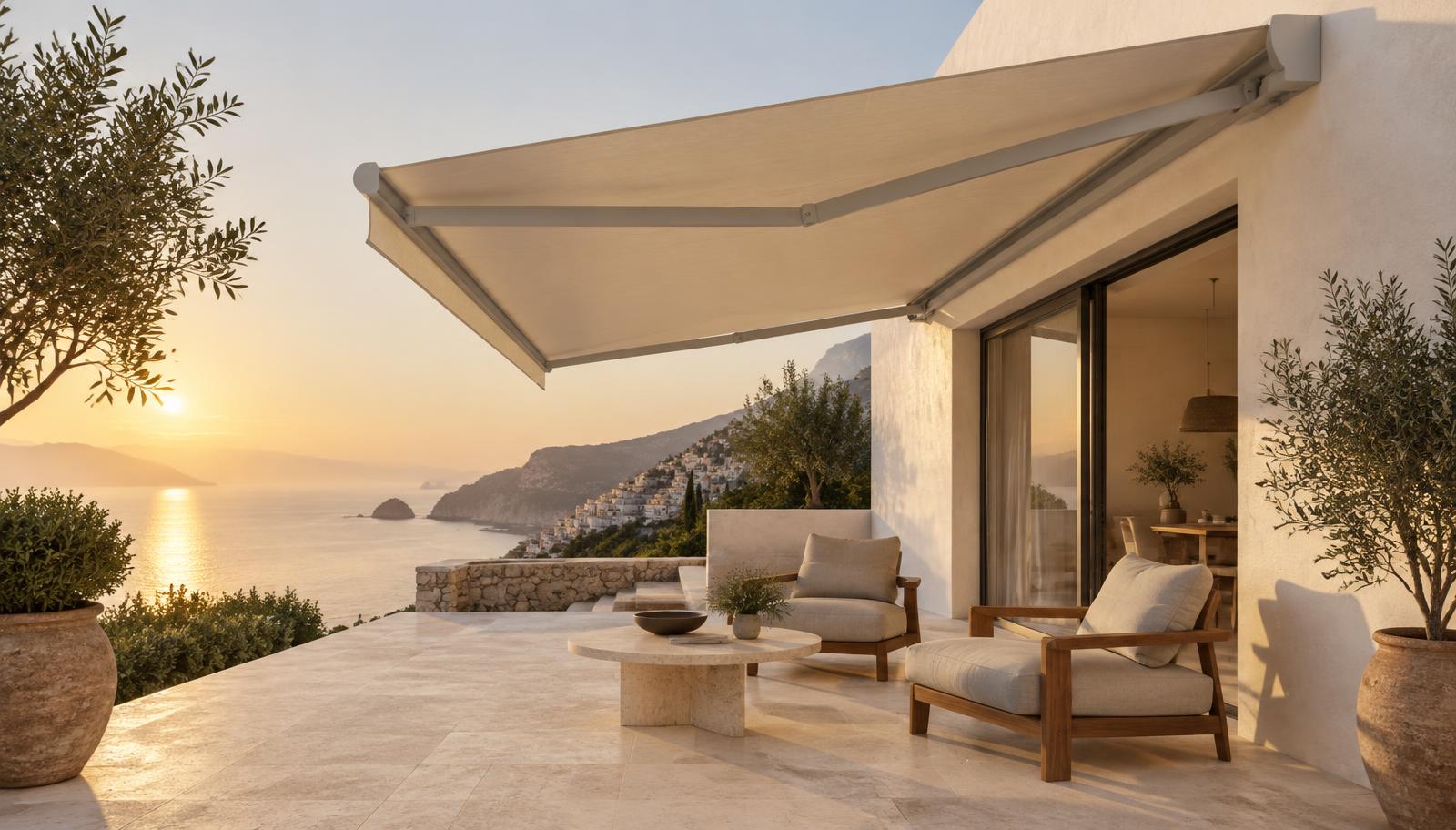 Terrazza con tenda da sole a bracci in tessuto beige — GBR Group Torino