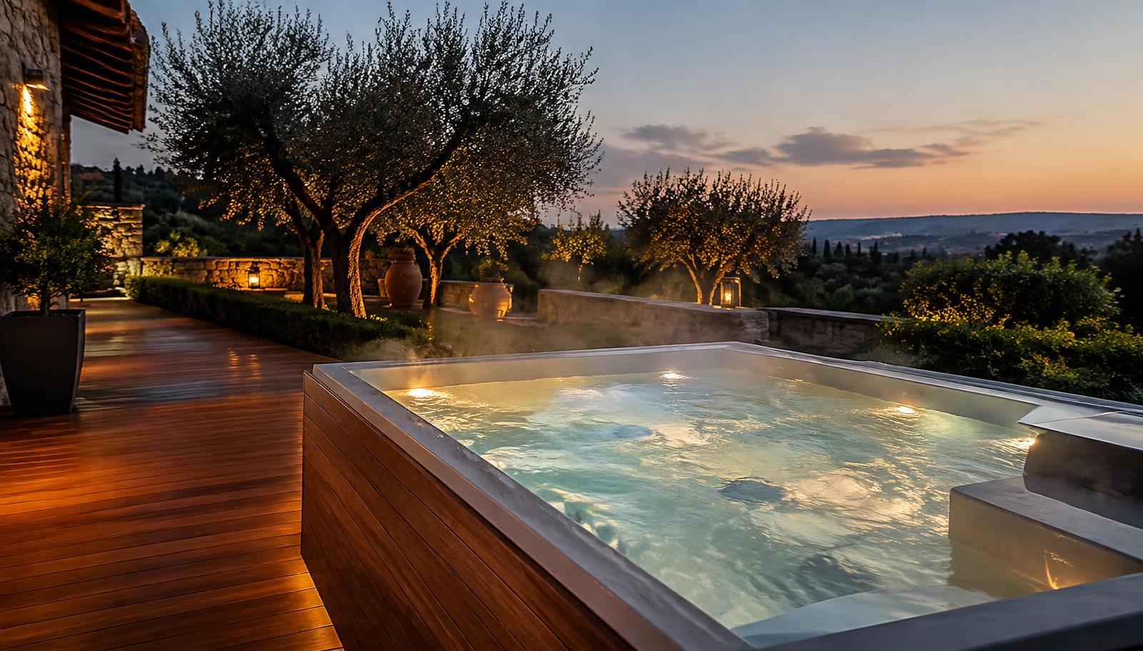 Minipiscina idromassaggio all'aperto al tramonto su una terrazza in legno — GBR Group Torino